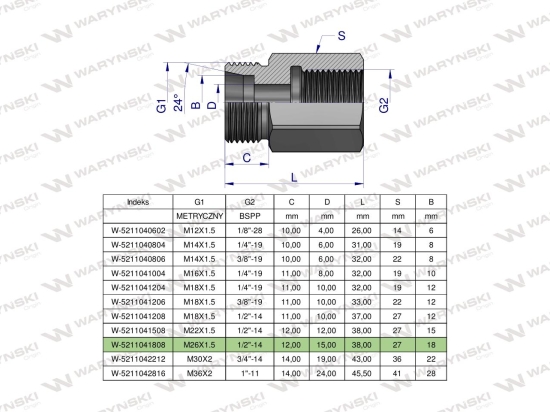 Tulejka różnicowa hydrauliczna AB M26x1.5 18L GZ x 1/2" BSP Waryński