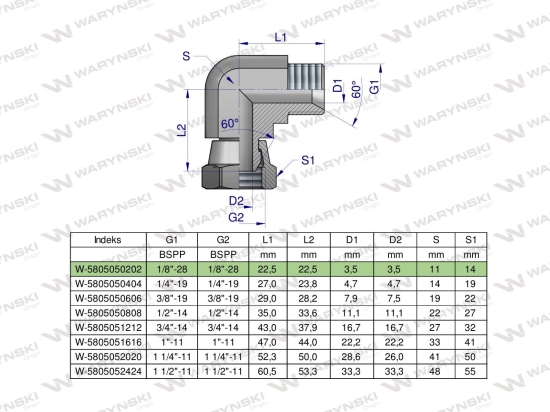 Kolanko hydrauliczne calowe AB 1/8" BSP Waryński