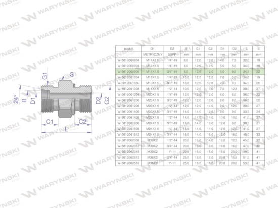 Przyłączka hydrauliczna (odmiana ciężka XGE) BB M16x1.5 08S x 3/8" BSP ED Waryński ( sprzedawane po 5 )