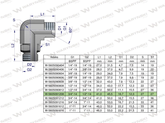Kolanko hydrauliczne nastawne calowe BB 3/4" x 1/2" BSP z regulacją Waryński