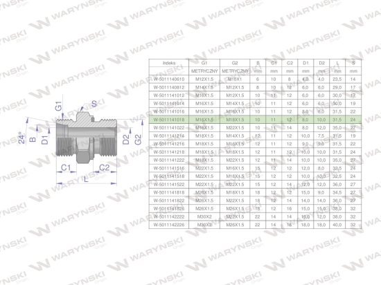 Przyłączka hydrauliczna metryczna BB (XGE) M16x1.5 10L x M18x1.5 ED Waryński ( sprzedawane po 5 )