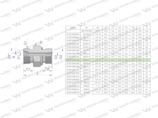 Przyłączka hydrauliczna (odmiana ciężka XGE) BB M20x1.5 12S x 1/2" BSP ED Waryński ( sprzedawane po 5 )