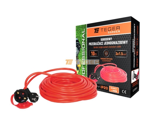 Przedłużacz jednogniazdowy, ogrodowy PROFESSIONAL, 3X1,5mm, IP20, H05VV-F, z uziemieniem, cert. CE / 10M, Teger