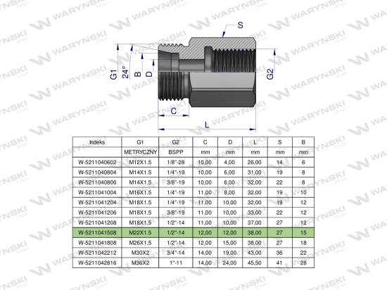 Tulejka różnicowa hydrauliczna AB M22x1.5 15L GZ x 1/2" BSP Waryński ( sprzedawane po 2 )