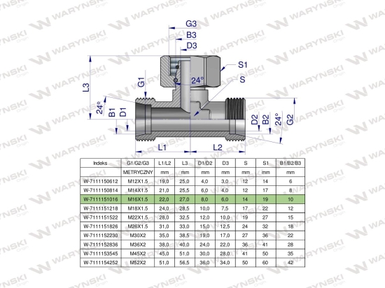 Trójnik hydrauliczny symetryczny metryczny BAB M16x1.5 10L (XEVT) Waryński ( sprzedawane po 5 )