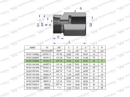 Tulejka różnicowa hydrauliczna AB M14x1.5 08L GZ x 3/8" BSP GW Waryński ( sprzedawane po 2 )