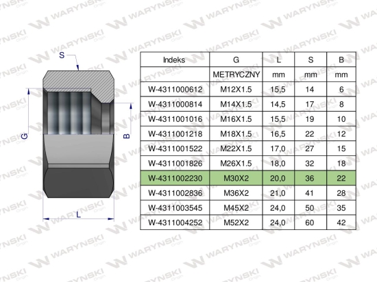 Nakrętka hydrauliczna metryczna (M22L) M30x2 22L Waryński ( sprzedawane po 5 )