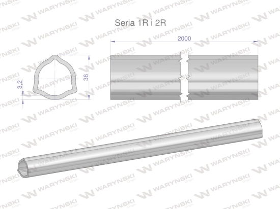 Rura trójkątna wewnętrzna Seria 2R, rura zewnętrzna Seria 1R do wału przegubowo-teleskopowego 36x3.2mm 2m WARYŃSKI (sprzedawane po 2)