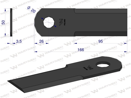 Nóż obrotowy rozdrabniacz słomy sieczkarnia 166x50x3.5mm otwór 20 zastosowanie 1322241C2 Massey Ferguson WARYŃSKI ( sprzedawane po 25 )