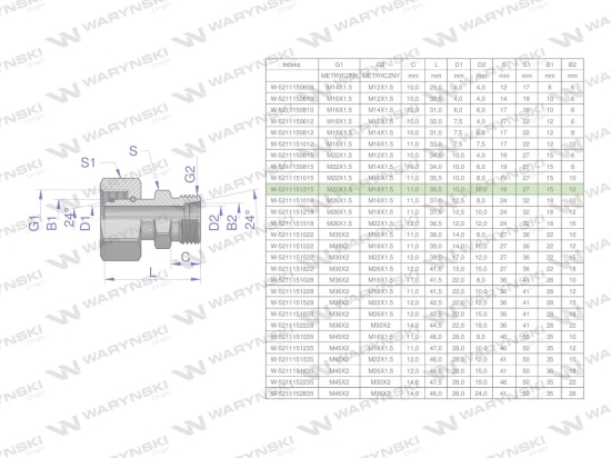 Złączka hydrauliczna metryczna AB (XKOR) A-M22x1.5 15L / B-M18x1.5 12L Waryński ( sprzedawane po 5 )