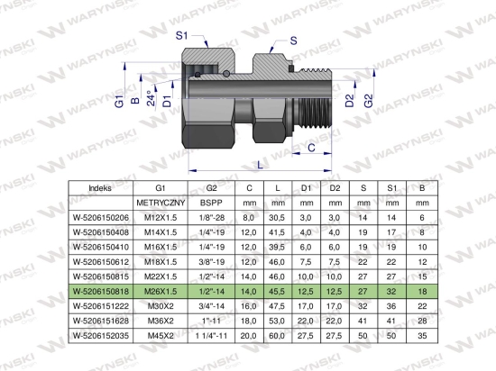 Przyłączka hydrauliczna AB (EVGE) M26x1.5 18L x 1/2" BSP ED Waryński