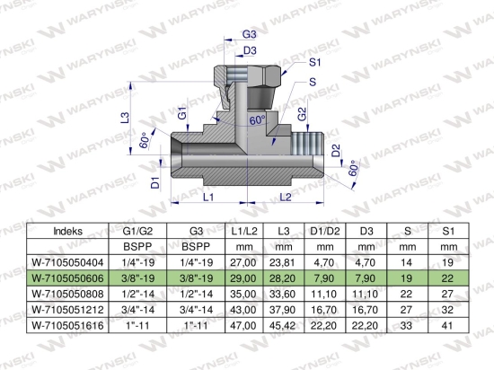 Trójnik hydrauliczny symetryczny calowy BAB 3/8" BSP (XEVT) Waryński