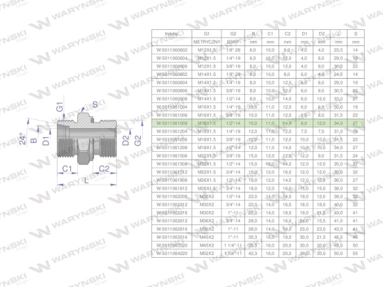 Przyłączka hydrauliczna BB (XGE) M16x1.5 10L x 1/2" BSP ED Waryński ( sprzedawane po 10 )
