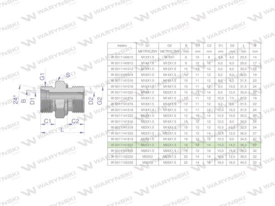 Przyłączka hydrauliczna metryczna BB (XGE) M26x1.5 18L x M22x1.5 ED Waryński ( sprzedawane po 2 )