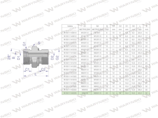 Przyłączka hydrauliczna metryczna BB (XGE) M30x2 22L x M26x1.5 ED Waryński ( sprzedawane po 2 )