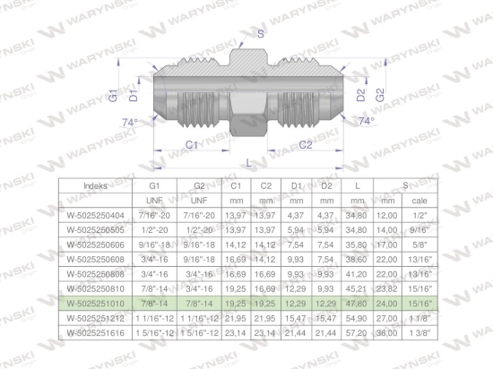 Złączka hydrauliczna calowa BB 7/8" UNF (JIC) Waryński ( sprzedawane po 2 )