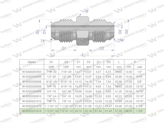 Złączka hydrauliczna calowa BB 1 5/16" UNF (JIC) Waryński