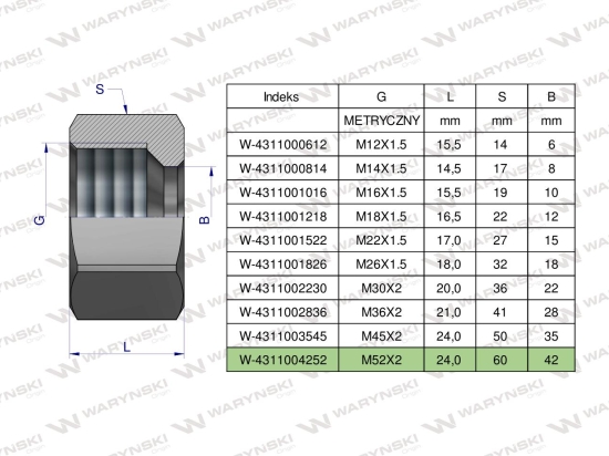 Nakrętka hydrauliczna metryczna (M42L) M52x2 42L Waryński ( sprzedawane po 2 )