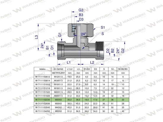 Trójnik hydrauliczny symetryczny metryczny BAB M30x2 22L (XEVT) Waryński