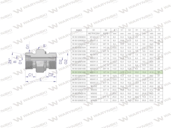 Przyłączka hydrauliczna (odmiana ciężka XGE) BB M22x1.5 14S x 1/2" BSP ED Waryński ( sprzedawane po 5 )