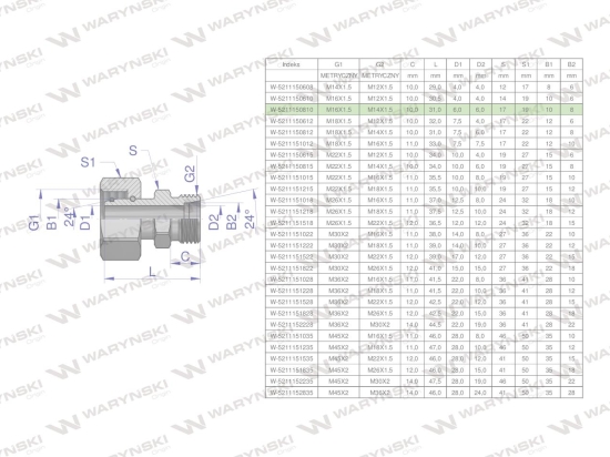 Złączka hydrauliczna metryczna AB (XKOR) A-M16x1.5 10L / B-M14x1.5 08L Waryński ( sprzedawane po 2 )