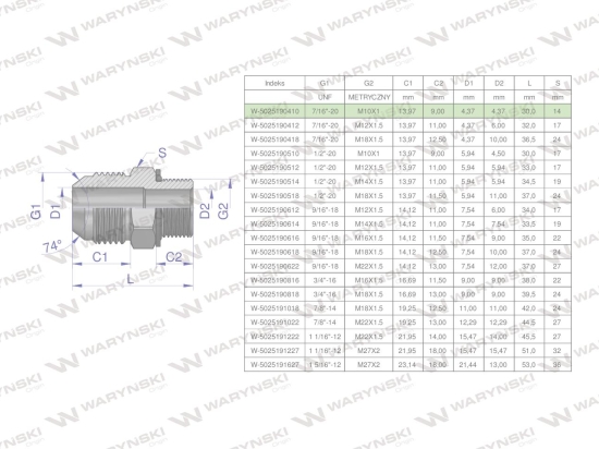 Przyłączka hydrauliczna BB 7/16"UNF (JIC) (JIC) x M10x1 (XGE) Waryński ( sprzedawane po 2 )