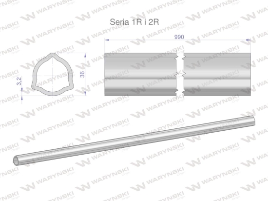 Rura wewnętrzna Seria 2R, rura zewnętrzna Seria 1R do wału 1110 przegubowo-teleskopowego 36x3.2 mm 990 mm WARYŃSKI