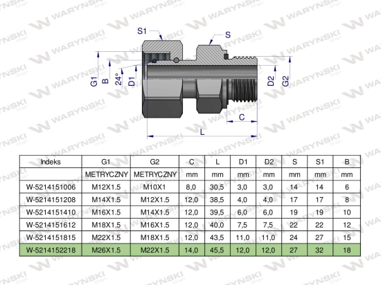 Przyłączka hydrauliczna metryczna AB (EVGE) M26x1.5 18L x M22x1.5 ED Waryński ( sprzedawane po 2 )