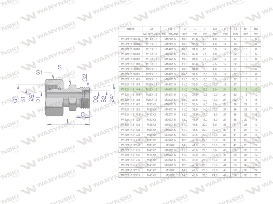 Złączka hydrauliczna metryczna AB (XKOR) A-M26x1.5 18L / B-M16x1.5 10L Waryński