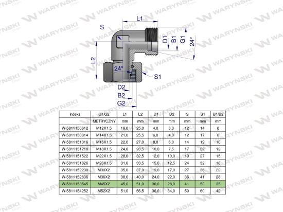 Kolanko hydrauliczne metryczne AB M45x2 35L (XEVW) Waryński