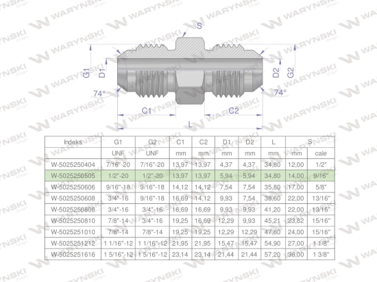 Złączka hydrauliczna calowa BB 1/2" UNF (JIC) Waryński ( sprzedawane po 2 )