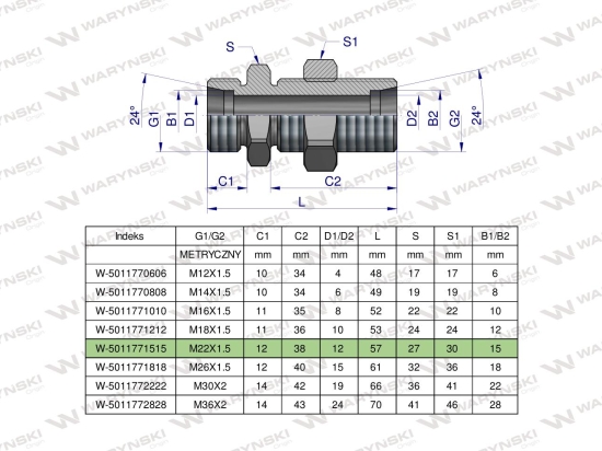 Złączka hydrauliczna metryczna grodziowa BB M22x1.5 15L z przeciwnakrętką (XSV) Waryński ( sprzedawane po 2 )