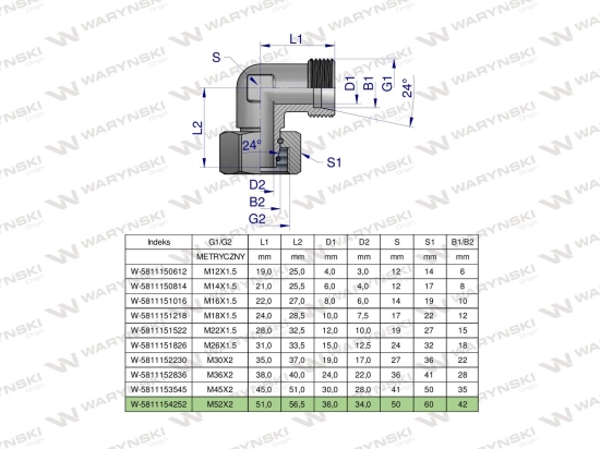 Kolanko hydrauliczne metryczne AB M52x2 42L (XEVW) Waryński