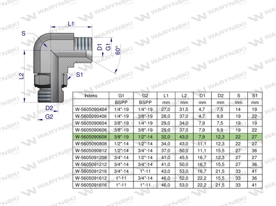 Kolanko hydrauliczne nastawne calowe BB 3/8" x 1/2" BSP z regulacją Waryński