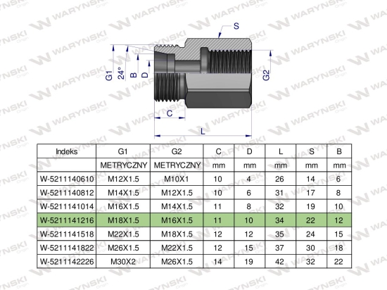 Tulejka różnicowa hydrauliczna metryczna AB M18x1.5 12L GZ x M16x1.5 GW Waryński ( sprzedawane po 2 )