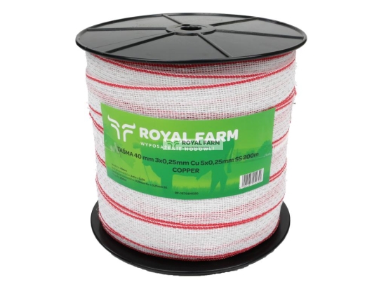 Taśma, do elektryzatora 40mm, 3x0,25mm Cu, 5x0,25mm SS biało-czerwona 200m, Royal Farm
