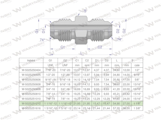 Złączka hydrauliczna calowa BB 1 1/16" UNF (JIC) Waryński