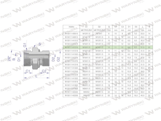 Przyłączka hydrauliczna metryczna BB (XGE) M16x1.5 10L x M16x1.5 ED Waryński ( sprzedawane po 5 )