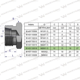 Korek hydrauliczny metryczny (na klucz) M26x1.5 18L Waryński ( sprzedawane po 5 )