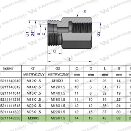 Tulejka różnicowa hydrauliczna metryczna AB 30x2 22L GZ x M26x1.5 GW Waryński
