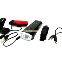 Zestaw lamp rowerowych LED przednia 2000 mAh i tylna 150mAh ładowane USB z klaksonem Teger