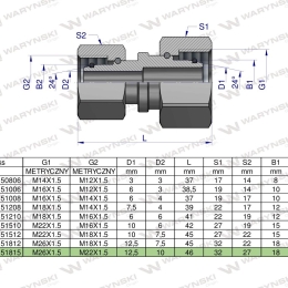 Złączka hydrauliczna metryczna AA M26x1.5 18L x M22x1.5 15L Waryński