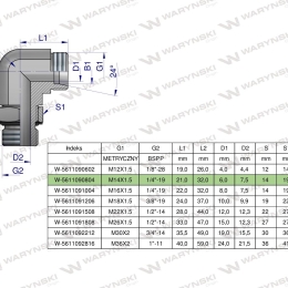 Kolanko hydrauliczne nastawne BB M14x1.5 08L x 1/4"BSP z regulacją Waryński