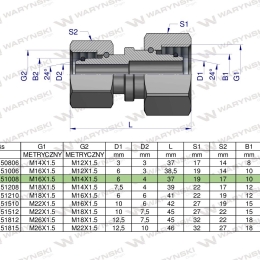 Złączka hydrauliczna metryczna AA M16x1.5 10L x M14x1.5 08L Waryński ( sprzedawane po 2 )