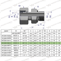 Przyłączka hydrauliczna AB (EVGE) M18x1.5 12L x 3/8" BSP ED Waryński ( sprzedawane po 2 )