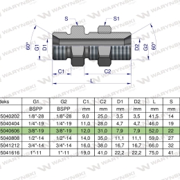 Złączka hydrauliczna calowa grodziowa BB 3/8" BSP z przeciwnakrętką (XSV) Waryński ( sprzedawane po 2 )