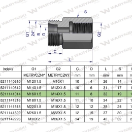 Tulejka różnicowa hydrauliczna metryczna AB M16x1.5 10L GZ x M14x1.5 GW Waryński ( sprzedawane po 2 )