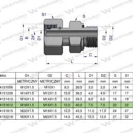 Przyłączka hydrauliczna metryczna AB (EVGE) M18x1.5 12L x M16x1.5 ED Waryński ( sprzedawane po 2 )
