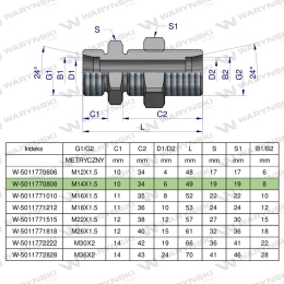Złączka hydrauliczna metryczna grodziowa BB M14x1.5 08L z przeciwnakrętką (XSV) Waryński ( sprzedawane po 2 )