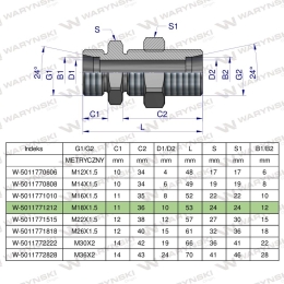 Złączka hydrauliczna metryczna grodziowa BB M18x1.5 12L z przeciwnakrętką (XSV) Waryński ( sprzedawane po 2 )